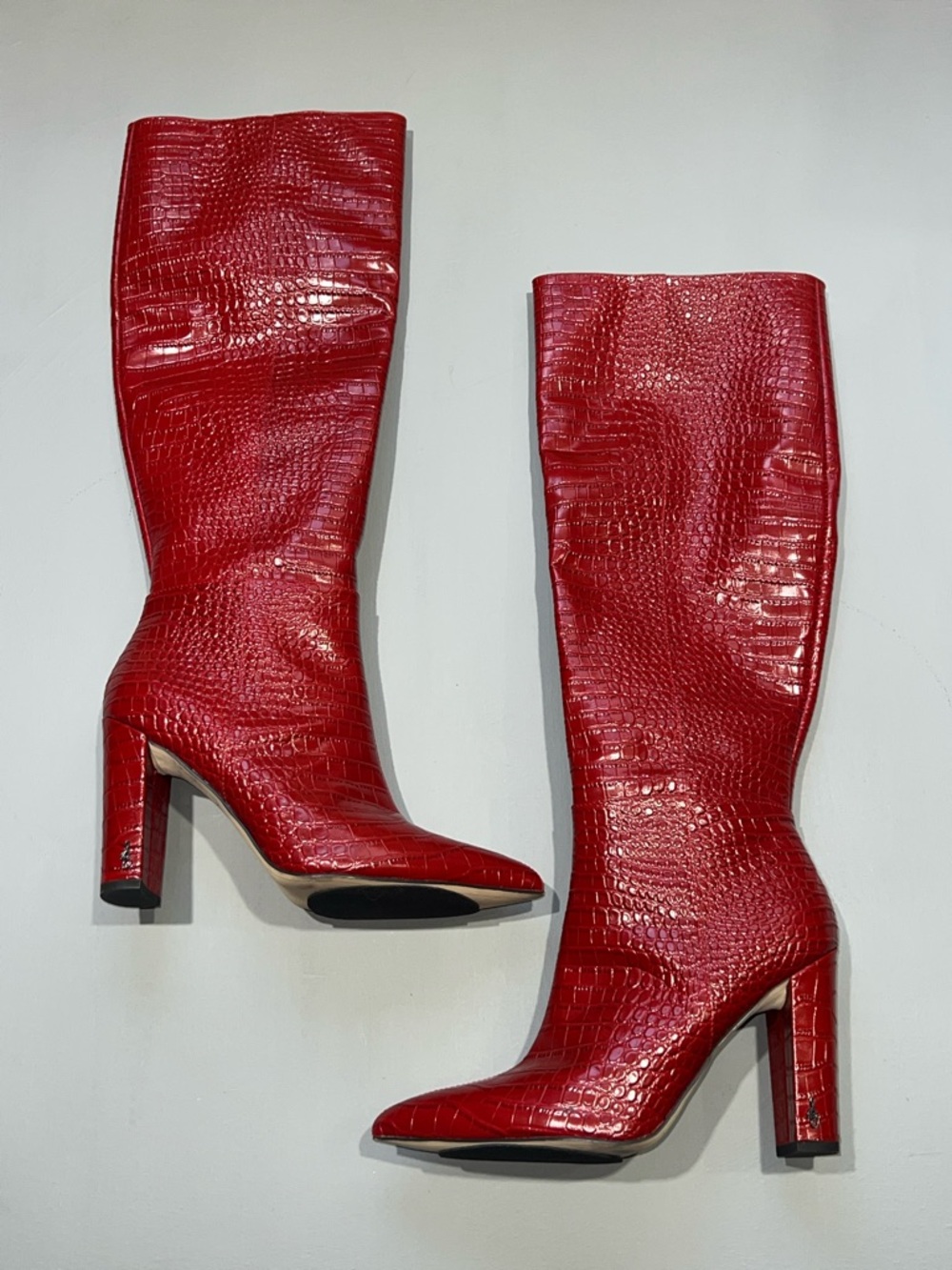 Sam Edelman Red Croc-Embossed Leather Knee-High Heeled Boots